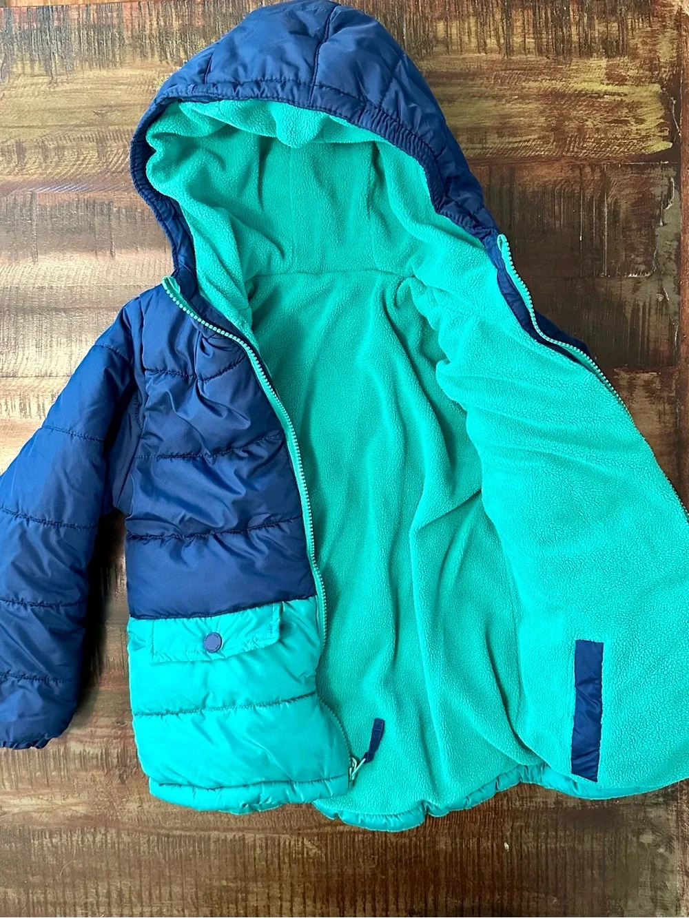 Lands' End Navy and Teal Hooded Puffer Jacket - Kids
